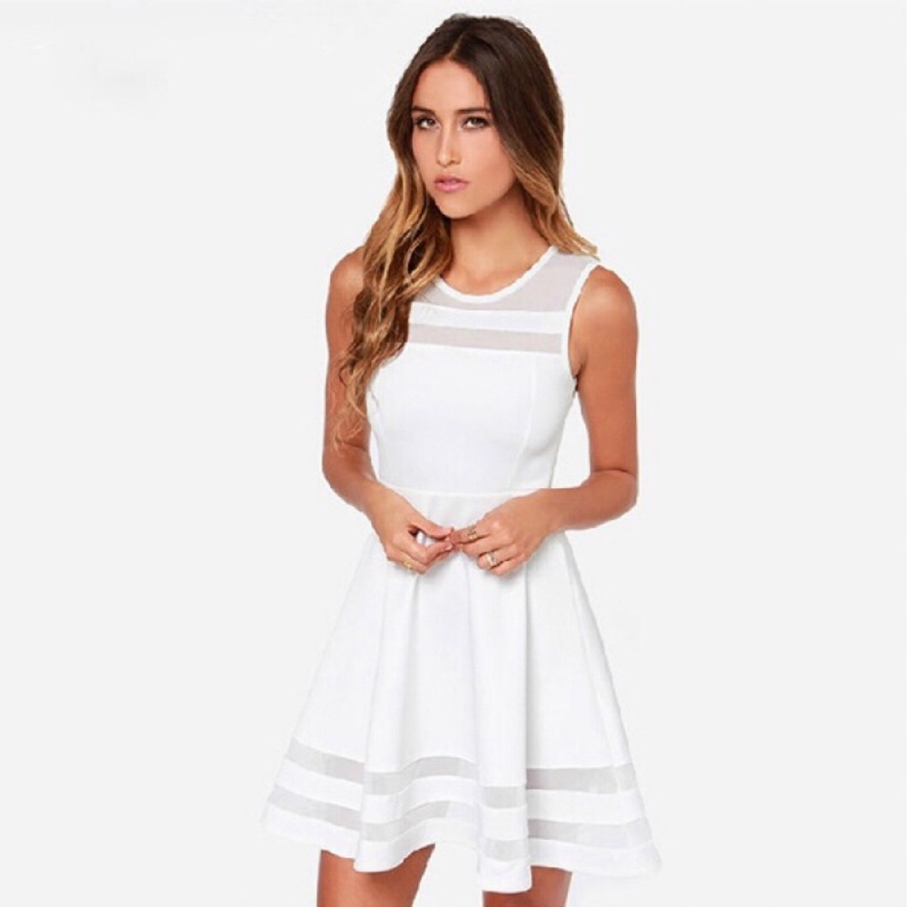 Sheer Mesh Stripes Fit and Flare Skater Dress White - Picture 8 of 11